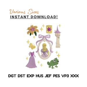 May include: An embroidery design set featuring elements from a fairy tale, including a princess, dress, tower, and lantern. The design is in shades of purple, yellow, and green, with the text "Various Sizes INSTANT DOWNLOAD!" and file type abbreviations.