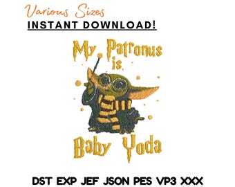 Diseño de bordado de bebé alienígena mago. Lindo personaje mágico con cita. Mi Patronus es un bebé alienígena. Archivo de bordado a máquina de descarga instantánea.