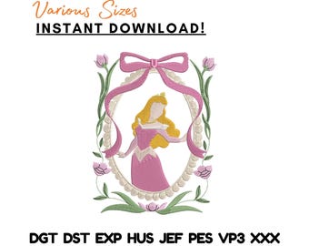 Diseño de bordado de Princesa Durmiente, Marco de Rosa de Cuento de Hadas (Descarga instantánea)