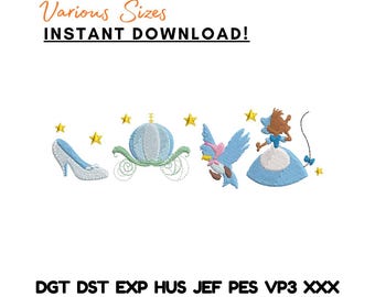 Diseño de bordado de Cenicienta: zapatilla de pájaro con carruaje de princesa de cuento de hadas (descarga instantánea)