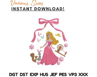 Disegno da ricamo della principessa Aurora della Bella Addormentata, cornice con fiocco da favola (download immediato)