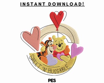 Diseño de bordado de Pooh y Tigger para San Valentín: Aro adorable para abrazar (PES, descarga digital)