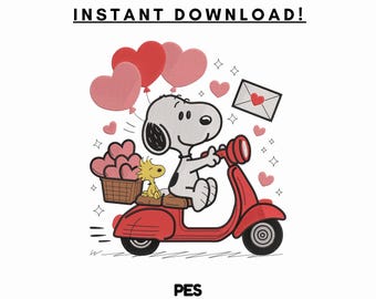 Diseño de bordado de perro en patinete para San Valentín: Carta de amor, corazones (PES, descarga digital)