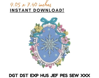 Ricamo Principessa Fiocco di Neve, Cornice Floreale Invernale, Ispirato a Frozen - File a Download Immediato