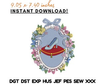 Ricamo a forma di scarpetta di cristallo, scarpa da principessa, cornice floreale, ispirazione fiabesca - Download immediato