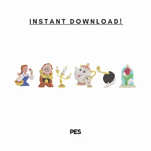 Può includere: Toppe ricamate raffiguranti personaggi di una fiaba. Include Belle, Tockins, Lumiere, Mrs. Potts e Chicco, uno spolverino e la rosa incantata. Il testo "INSTANT DOWNLOAD!" è sopra le toppe e "PES" sotto.