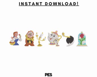 Diseños de bordado de La Bella y la Bestia: Bella, Lumière, Din Don (EMB, PES, descarga instantánea)