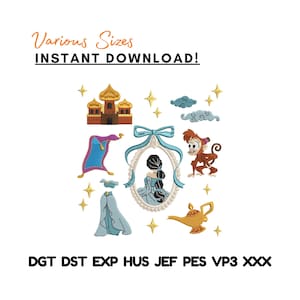 May include: An embroidery design featuring various elements from a popular animated film. The design includes a palace, magic carpet, stars, clouds, a character in a frame, a monkey, a lamp, and the text "Various Sizes INSTANT DOWNLOAD!"