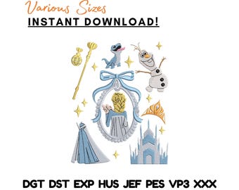 Paquete de diseños de bordado de Princesa de Hielo, Varita mágica de Castillo de Muñeco de Nieve (Descarga digital)