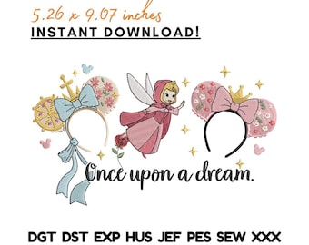 Disegno per ricamo Principessa Fata C'era una volta un sogno Orecchie di Topolino Corona Floreale File di ricamo