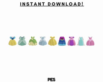 Diseños de bordado para vestidos de princesa – Archivos para máquina de coser de vestidos de cuento de hadas (PES, descarga digital)