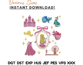 Diseños de bordado de princesas de cuento de hadas: castillo, corona y rueca (descarga instantánea)