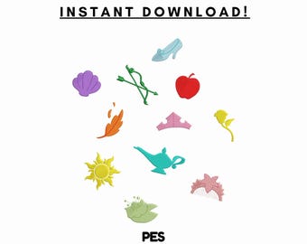 Conjunto de diseños de bordado de iconos de princesas – Aplicaciones de cuento de hadas (PES, descarga digital)