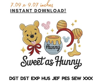 Dolce come il miele - Disegno per ricamo - Orsetto - Vasetto di miele - Orecchie di topo - Citazione carina - File scaricabile immediatamente