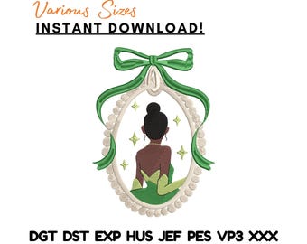 Diseño de bordado de princesa rana, silueta de cuento de hadas (descarga instantánea)