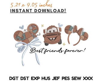 Disegno per ricamo di un carro attrezzi in stile cartone animato: orecchie di topo patchwork, citazione sull'amicizia (download digitale)