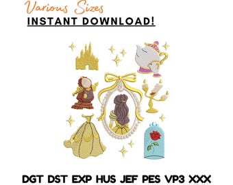 Paquete de diseños de bordado de La Bella y la Bestia (descarga instantánea)