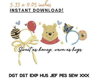 Ricamo di un orsetto di miele con orecchie da topo e citazione (download digitale)