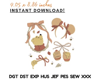 Set di ricami Winnie Bear Honey con simpatiche orecchie da topo autunnali, vasetto di miele e foglie autunnali - Download immediato