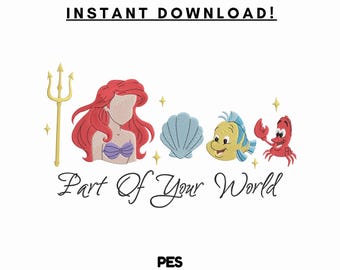 Diseños de bordado de La Sirenita: Ariel, Flounder, Sebastián (PES, descarga digital)