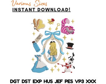 Paquete de diseños de bordado de Princesa del País de las Maravillas: Gato y Conejo en la Fiesta del Té (Descarga instantánea)