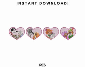 Paquete de bordado de corazones con pareja de animales románticos - Amor entre perro, gato y zorro (PES) Descarga instantánea