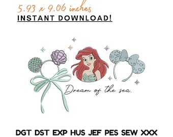 Ricamo Principessa Sirena Sogno del Mare Orecchie da Topolino Ispirato ad Ariel Download immediato