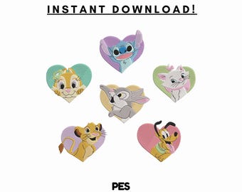Diseños de bordado de corazones con animales de dibujos animados – San Valentín (PES, descarga digital)