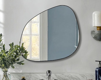 Specchio da bagno asimmetrico: arredamento moderno per la casa, specchio con/senza cornice in legno