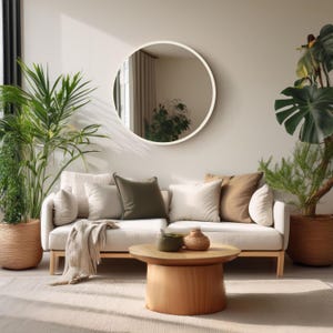 A living room scene featuring a cream-colored sofa with several pillows in neutral tones. A round wooden coffee table sits in front of the sofa, and a large round mirror hangs on the wall. Potted plants add a touch of greenery.