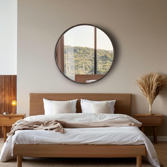 Round Wall Mirror: Minimalist Home Decor, Wooden Frame