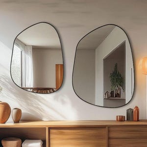 Asymmetrical Black Frame Wall Mirror: Handmade Wooden Decor, Modern Vanity