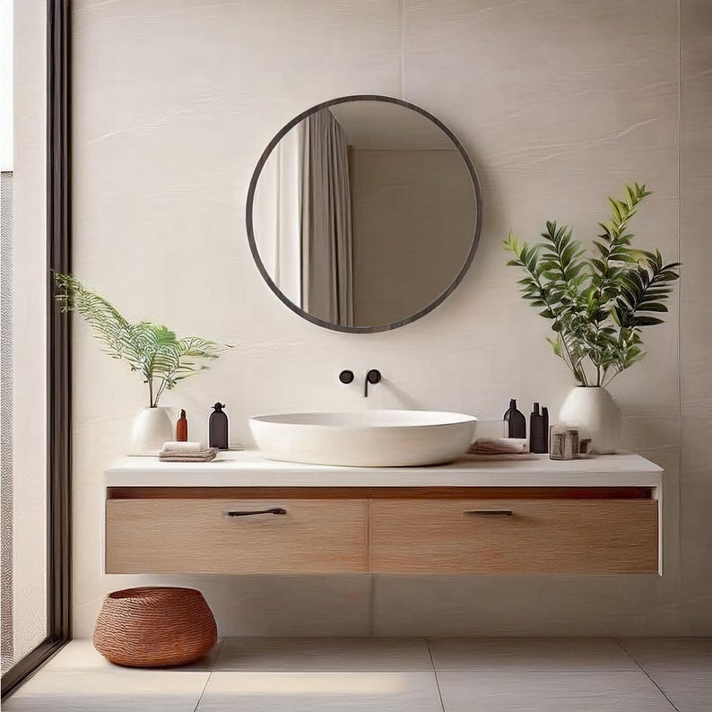 Round Mirror Circle Bathroom Mirror, Aesthetic Wall Mirror, Minimalist Unique Home Decor