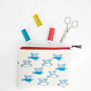 Cosmetic pouch with birds print. Useful cotton makeup bag or pencil case with zipper closure, screenprinted in blue, matching the lining. image 1