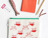 Makeup bag with zip with original birds pattern hand screenprinted. Use this cotton small zipper bag as a cosmetic bag, wallet, pencil case.