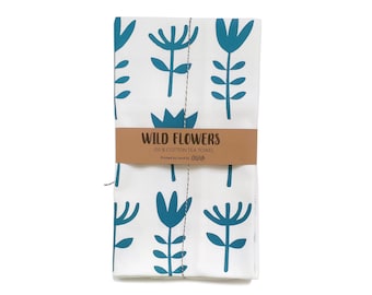 Hand-Printed Organic Cotton Tea Towel: Blue Floral Design Dish Towel, Kitchen Decor