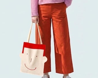 Screen-Printed Happy Face Tote Bag in Red: Design Cotton Canvas