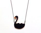 Unique gifts for women: black swan necklace made of wood and painted by hand by Olula. Dainty Swan pendant, cute Valentines day gift.
