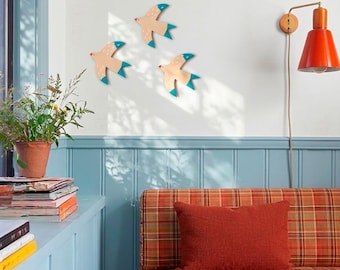 Blue Hand-Painted Wooden Swallows Wall Decor - Set of Three