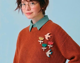 Hand-Printed Wooden Yellow Flower Pin: Beech Wood Lapel Brooch