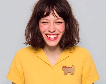 Hand-Painted Wooden Cat Brooch: Neko Badge, Cat Lover Gift.