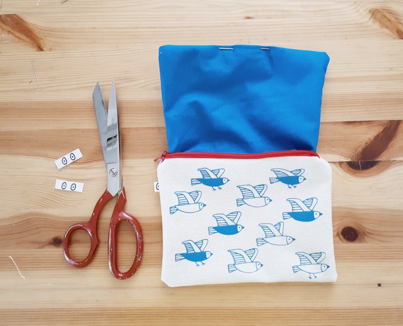 Cosmetic pouch with birds print. Useful cotton makeup bag or pencil case with zipper closure, screenprinted in blue, matching the lining. image 7