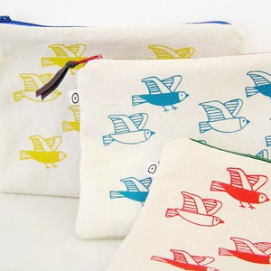 Cosmetic pouch with birds print. Useful cotton makeup bag or pencil case with zipper closure, screenprinted in blue, matching the lining. image 5