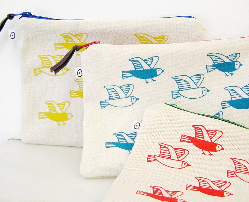 Cosmetic pouch with birds print. Useful cotton makeup bag or pencil case with zipper closure, screenprinted in blue, matching the lining. image 5