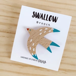 Swallow wooden brooch with blue wings. Ecological wooden jewelry for Nature lovers, this bird pin, nicely packaged, is a cute gift for her