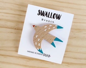 Swallow wooden brooch with blue wings. Ecological wooden jewelry for Nature lovers, this bird pin, nicely packaged, is a cute gift for her