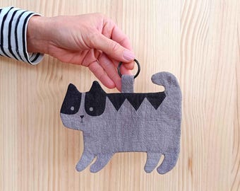 Handmade Linen Cat Coin Purse, Zippered Card Holder Pouch