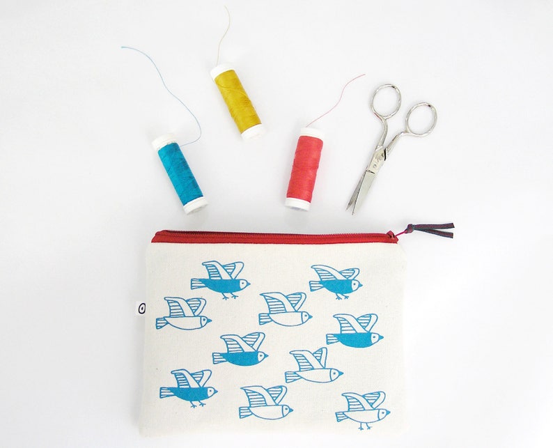 Cosmetic pouch with birds print. Useful cotton makeup bag or pencil case with zipper closure, screenprinted in blue, matching the lining. image 1