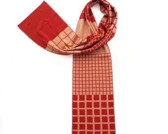 Burnt orange scarf for men or women with bold checked design. Bright and elegant quality scarf made of super soft Merino wool