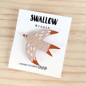 Wooden Swallow Brooch: Orange Wing Bird Pin, Eco-Friendly Jewelry